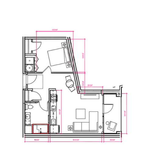 Floor plan for 1 bed, 1 bath, 620 sqft